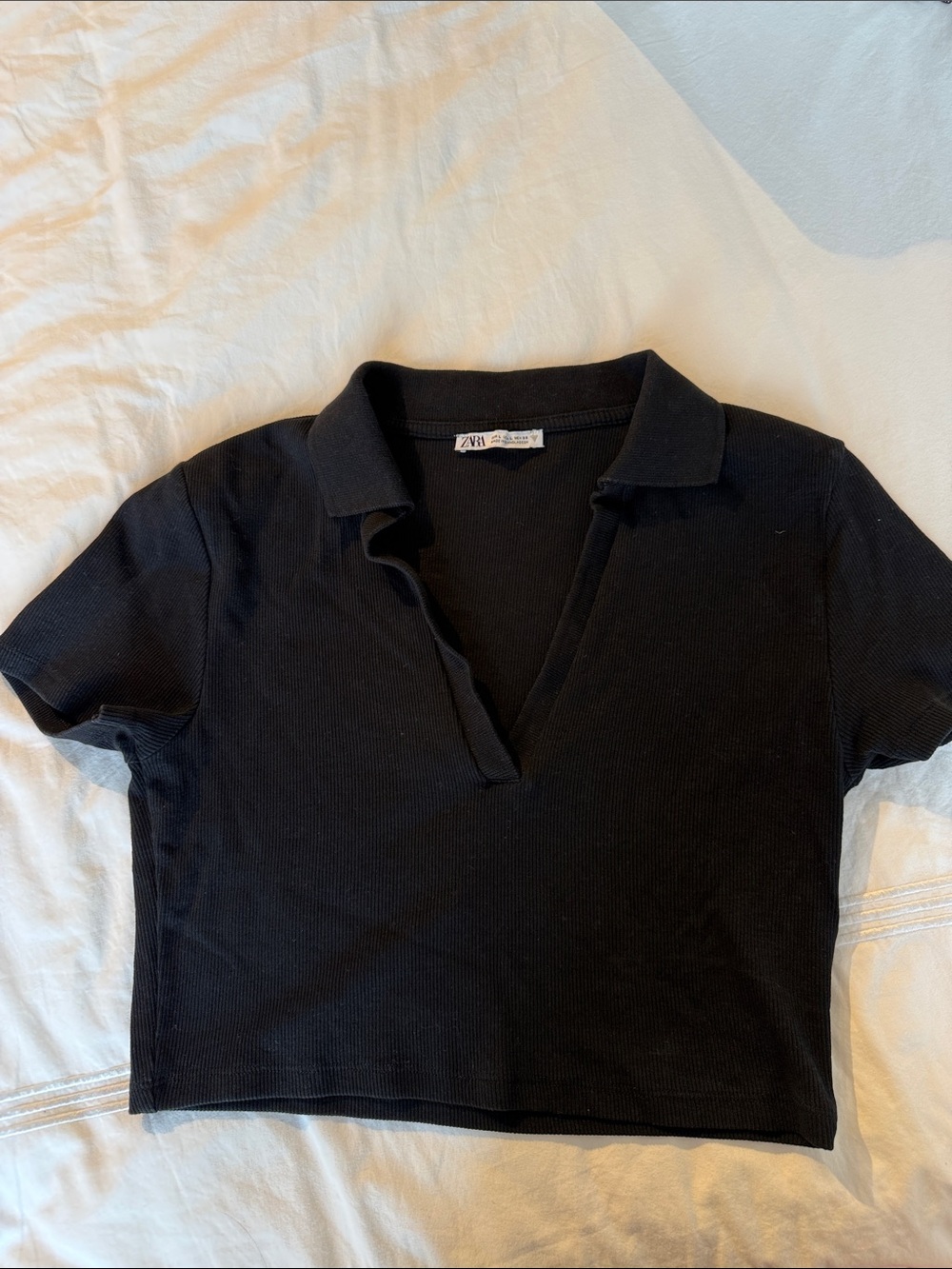 Zara Black Ribbed Polo Crop Top